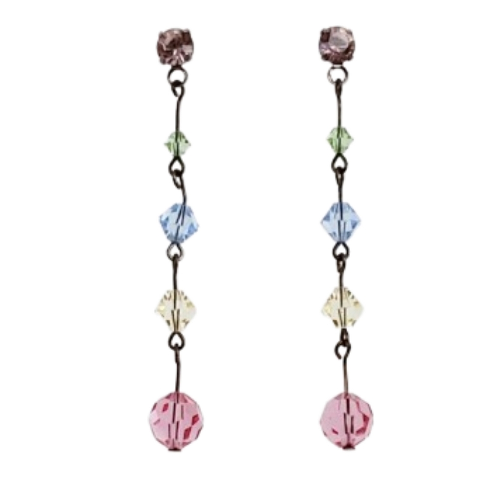 Pastel Beaded and Rhinestone Chain Mix Multi Color Dangly Earrings